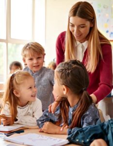 Firefly happy kids in class with help of teacher (girl), playing, smiling 32885