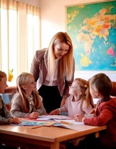 Firefly happy kids in class with help of teacher (girl), playing, smiling 52159